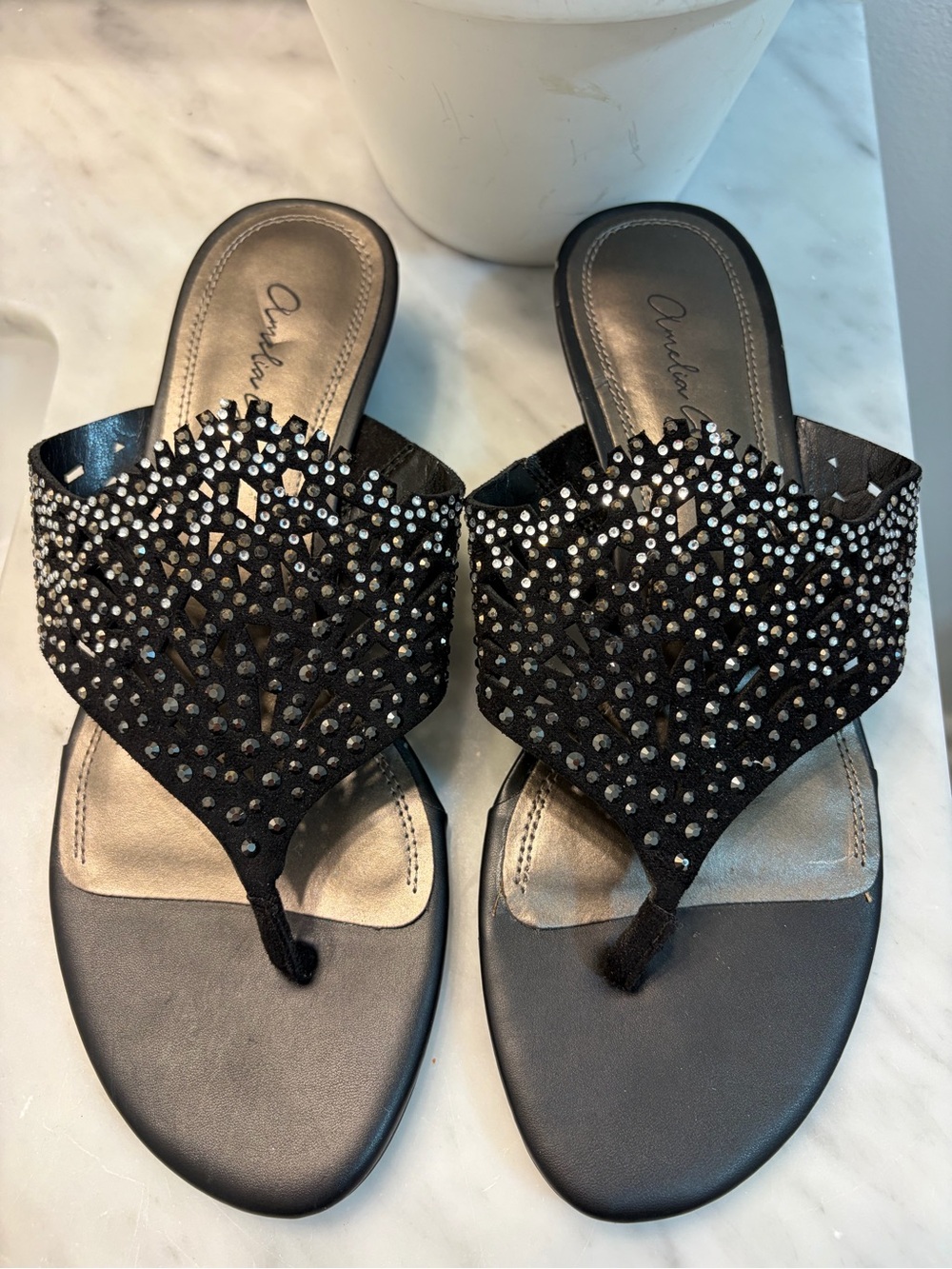 Amelia Grace Riverlyn Embellished Black Slide Sandals with Sparkling Rhinestones